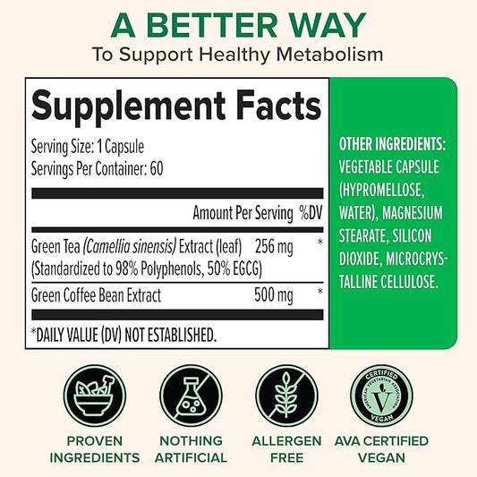 Zenwise Health EGCG Green Tea Extract Capsules with Coffee Bean Extract - 50% EGCG + 98% Polyphenols Supplement - Green Tea Pills for Skin and Heart Support + Brain Health and Memory Boost - 60 Count