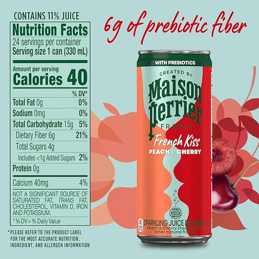 Maison Perrier French Kiss Sweetened Sparkling Juice Beverage, Peach & Cherry Flavors With Real Fruit Juices, 24Pk