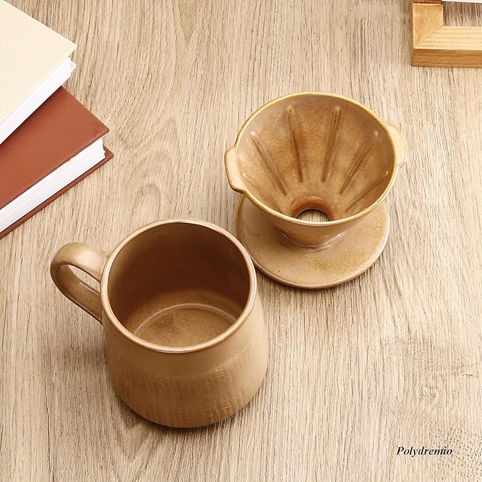 Pour Over Coffee Maker Set - 300ml Ceramic Mug with Dripper & 100 Small Cone Filters, Brown