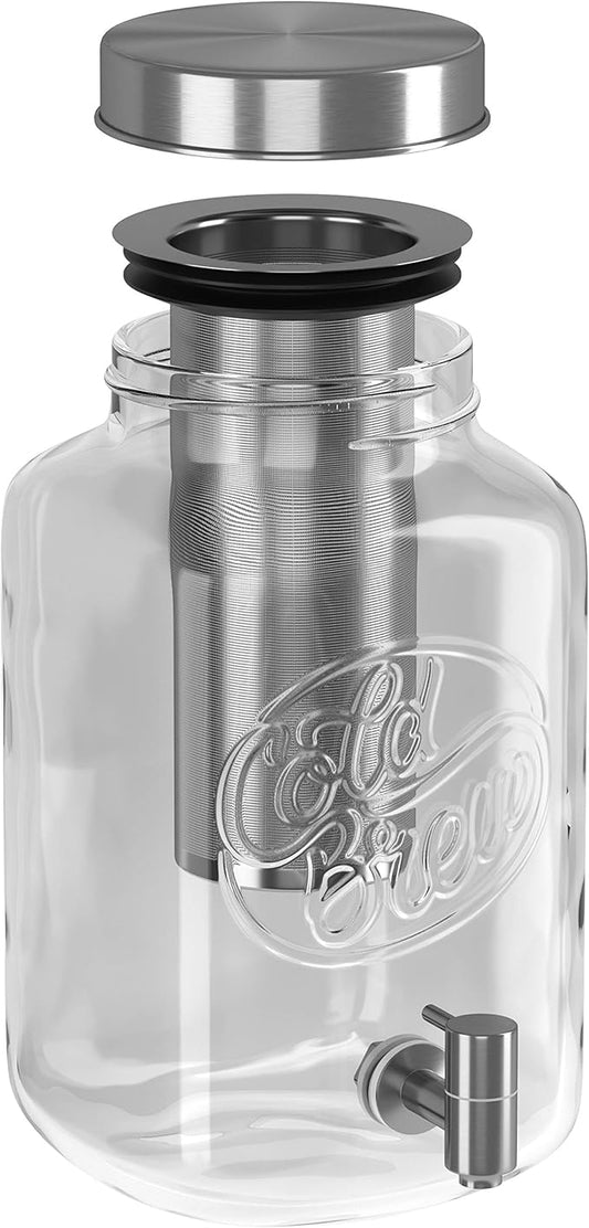 Kook 1 Gallon Mason Jar Drink Dispenser, Thick Glass Carafe, Stainless Steel Spigot and Mesh Filter, Premium Iced Coffee Maker, Cold Brew Pitcher & Tea Infuser