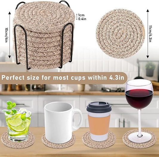 OIAHOMY 10 Pcs Drink Coasters with Holder, Boho Cotton Woven Coaster Set, Absorbent Coaster Protection for Various Cups, Ideal for Coffee Tables Home Decor and Gift, 4.3 Inches,Mixed Brown