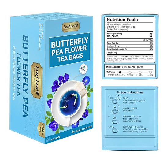 LeafLea 40 Butterfly Pea Flower Tea Bags, Herbal Flower Tea for Relaxation, Mocktails, and Natural Food Coloring, Caffeine-Free, Sugar-Free, Non-GMO