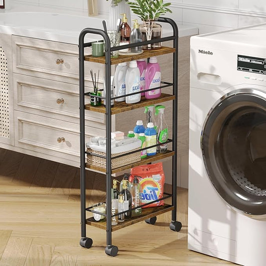 Slim Storage Cart, 4-Tier Small Rolling Cart with Wheels, 5.9" Deep, Narrow Bathroom Shelf Trolley for Kitchen, Bathroom, Laundry Room, Rustic Brown Standard 4-Tier (5.9" W x 33.6" H)