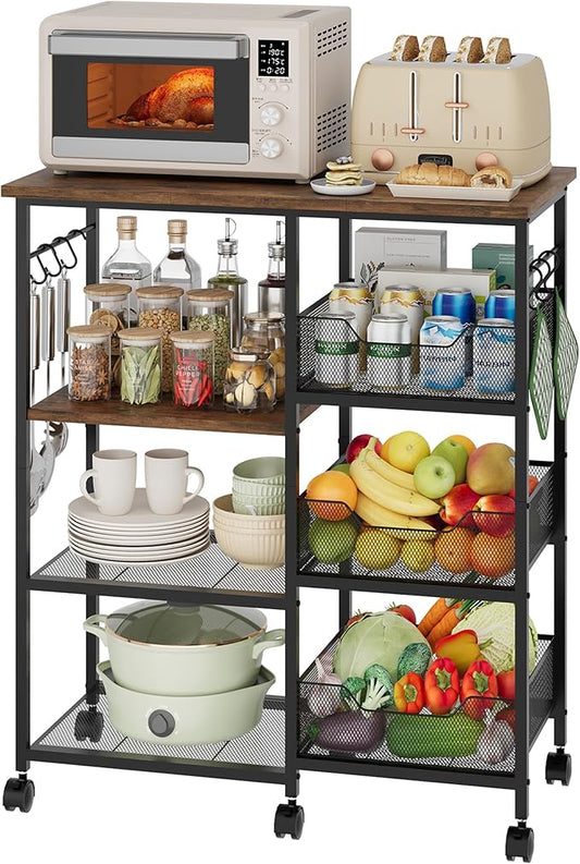 HapiRm Rolling Kitchen Carts with Storage - Microwave Table Stand with 6 Hooks & 3 Baskets, kitchen Island Cart on Lockable Wheels, 28.3" L × 14.6" W Bakers Rack Cart for Dining Room Coffee Bar Office