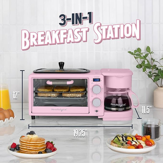 Nostalgia 3-in-1 Retro Breakfast Station - Includes 5 Cup Coffee Maker, Non-Stick Ceramic Griddle, and 4-Slice Toaster Oven - Built-In Timer, Reusable Coffee Filter, Space-Saving Design - Pink