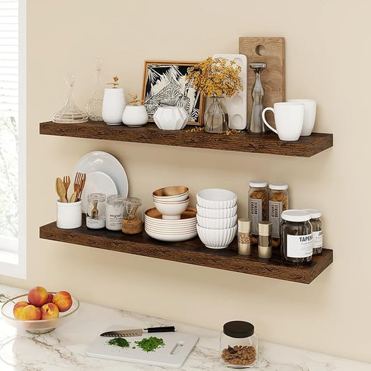 40 Inch Floating Shelves, 9.3" Deep Floating Shelf Wall Mounted, 40" Wall Shelves, Rustic Deep Bookshelf, Large Display Shelves & Storage Shelves for Bedroom, Living Room, Brown, Set of 2