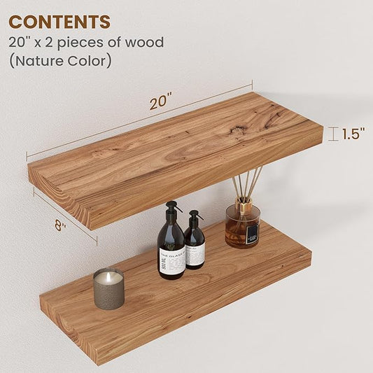 Floating Shelves for Wall Decor, 8" Deep Rustic Solid Elm Wood Floating Shelves Wall Mounted, Wall Shelves with Invisible Bracket for Living Room Bathroom Bedroom Kitchen, 20 Inch Set of 2, Natural