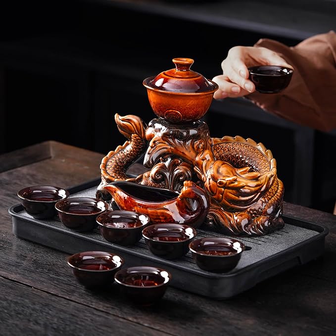 Semi Automatic Tea Set Ceramic Teapot with Infuser Magic Teapot with 8 cups (Yellow Dragon-D)