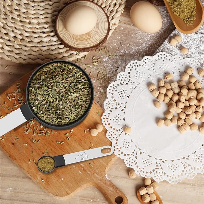 Measuring Cups and Spoons Set, 10 Pieces Nesting Measure Tools, Kitchen Essentials Gadgets with Stainless Steel Handle for Dry & Liquid Ingredient, Black