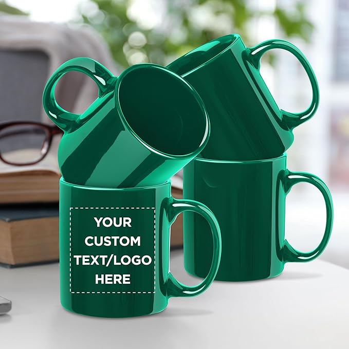 Custom Ceramic Coffee Mugs 11 oz. Set of 100, Personalized Bulk Pack - Coffee cup set, Iced coffee cup, Gaming mug - Green