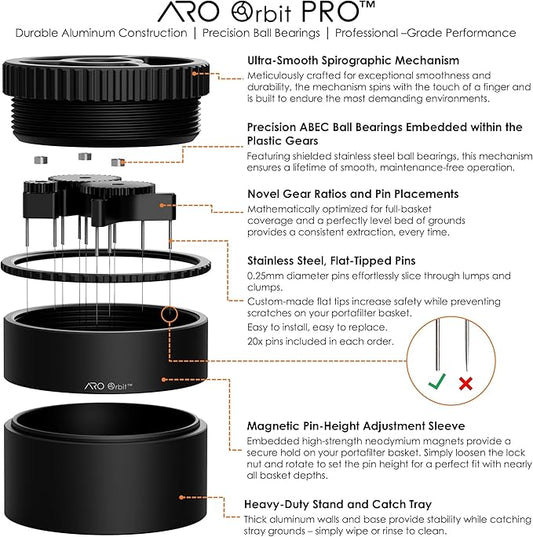 ARO Orbit PRO™ | Aluminum Spirographic WDT Tool | Mechanical Geared Spinning Distribution Tool for Home Baristas and Professional Cafés | Compatible with Breville 54mm Portafilters