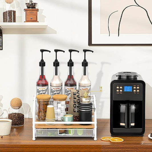 Alyoen Coffee Syrup Organizer Rack, 3-Tier Coffee Station Organizer for Countertop, Coffee Bar Organizer with 35K Cup Storage Basket, Coffee Syrup Holder Stand for Coffee Bar Accessory - White