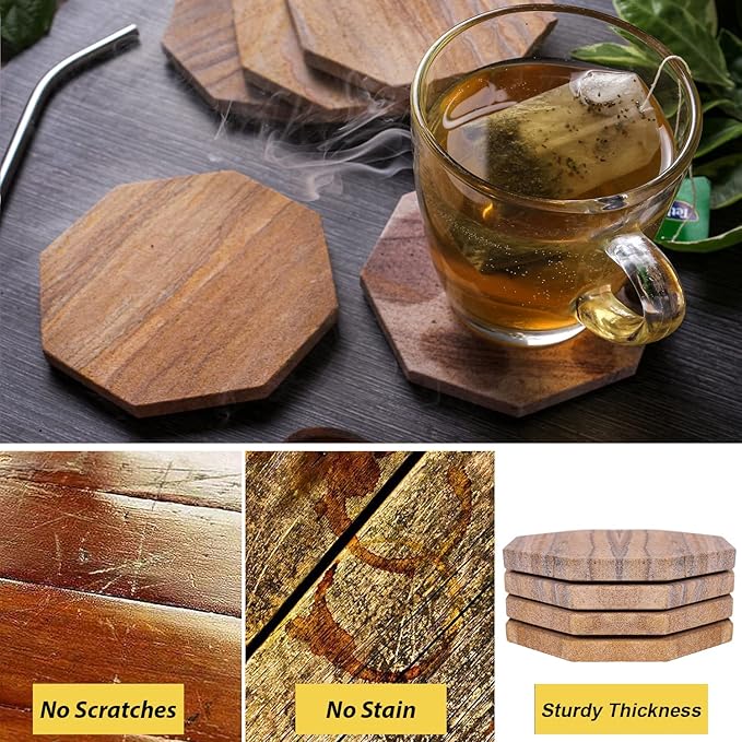 Sandstone Water Absorbent Hand Crafted Octagon Coasters for Drinks- Set of 4-4 inches Wide Thirsty Stone bar/Drink Coasters Made from Real Solid Stone (Without Holder, Set of 4)