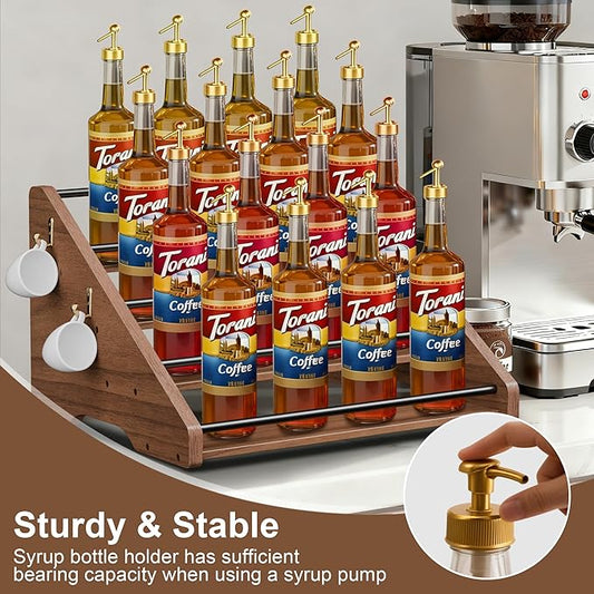 AHUONEL Coffee Syrup Organizer, 4-Tier Solid Wood Syrup Rack, Wine Rack, Storage Organizer for 16 Syrup Bottles/Spice Jars/Liquor Bottles, Sturdy Storage Stand for Coffee Bar