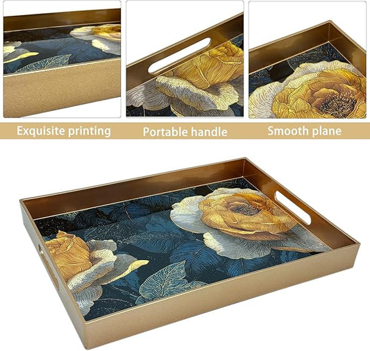 Serving Tray with Handles, 15.7 * 11.8 inches, Plastic Ottoman Tray with Exquisite Paintings, Trays for Coffee Table