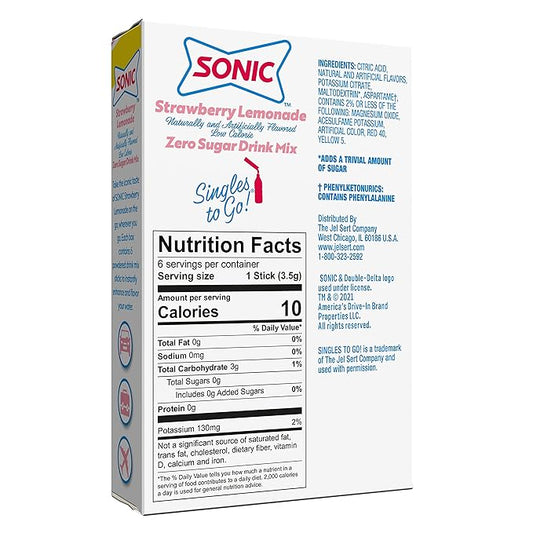 Sonic Singles To Go Powdered Drink Mix, Strawberry Lemonade, 6 Sticks Per Box, 12 Boxes (72 Sticks Total)