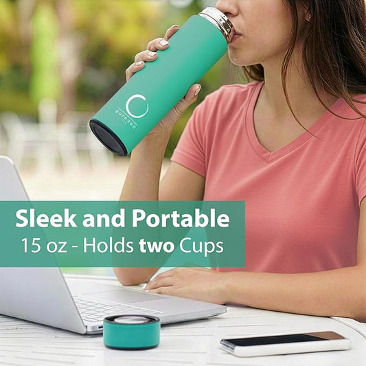 Pure Zen Tea Thermos with Infuser for Hot and Cold Infusions - Stainless Steel - Tea Infuser Bottle - Leakproof Travel Mug with Filter - 15oz