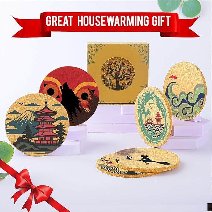 Coasters for Drinks with Holder Set of 6, Japanese Cork Coasters Absorbent Animation for Office Desk Cup Table Coaster Kitchen Decor Inspired House Warming Gifts for New Home Couples, Round 4"
