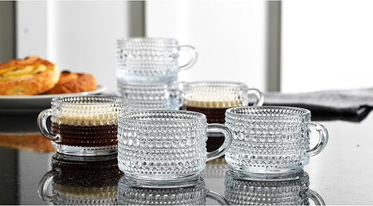Espresso Cups, Set of 6 Shot Glasses 3 oz Coffee Espresso Mugs, Insulated Clear Thick Glass with Handle - Hobnail Embossed Mini Mugs Demitasse Cup Dishwasher Safe