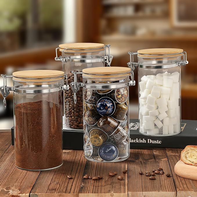 2 Pack 40.5oz Coffee Bean Storage Container with Airtight Bamboo Lids Glass Airtight Coffee Canister with Scoop Storage Container for Grounds Tea Cereal Sugar