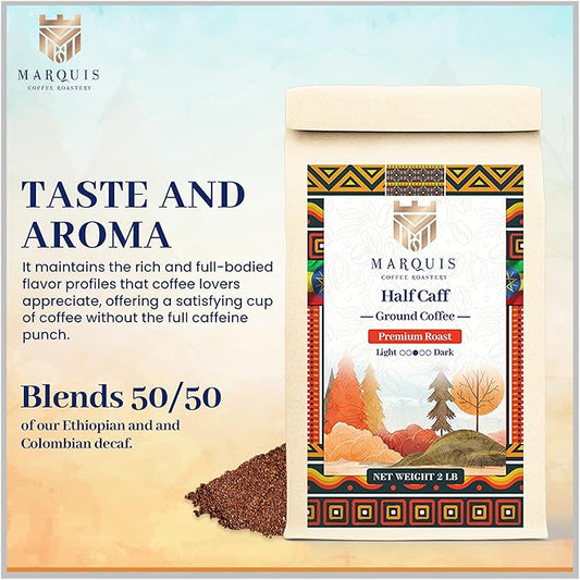 Marquis - Half Caff Ground Coffee, Rich Blend of Half Ethiopian Yirgacheffe and Half Decaf French Roast, Fresh Dark Roast with a Fruity Flavor, Premium Half Caff Coffee Ground, 2 lb