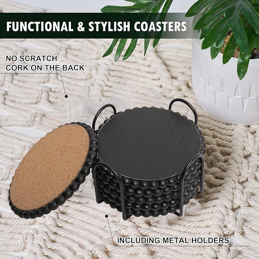 GENMOUS Coasters Set of 6 for Drinks with Metal Holder, Farmhouse Wooden Bead Coasters, Absorbent Square Handmade Rustic Cute Cup Coffee Coaster for Home Kitchen Table Décor Gift Black
