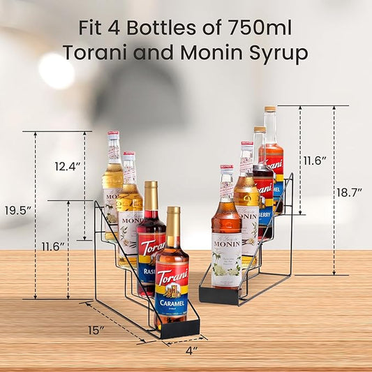 mustry Coffee Syrup Rack for Coffee Bar Accessories, Coffee Syrup Holder Fits with Torani and Monin Syrup, Coffee Bar Organizer Holds 4 Bottles, 2 Pack