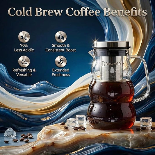 BrewMOO Cold Brew Coffee Pitcher (1.0L/34oz) - Elegant Sleek Wave Borosilicate Glass Pitcher with 100um 304 Stainless Steel Filter & Airtight Lid, Efforless Mannual for Beginner, Sophisticated Gift