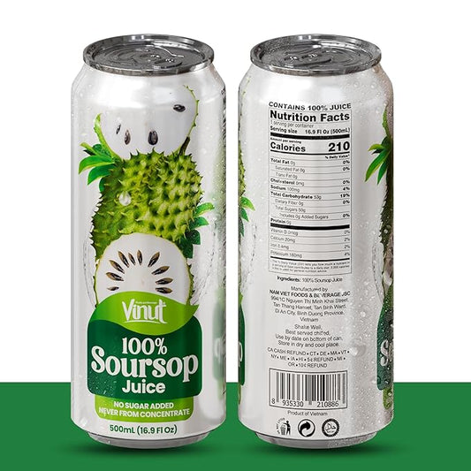 VINUT 100% Soursop Juice, No Added Sugar, Not From Concentrate, 16.9 fl oz (500 mL) Can, Pack of 12