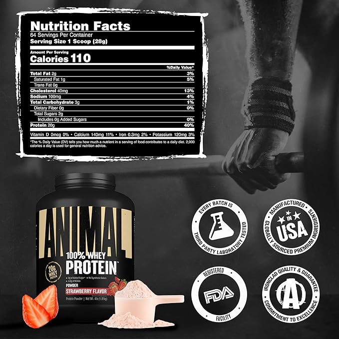 Animal 100% Whey Protein Powder – Whey Blend for Pre or Post Workout, Recovery, Anytime Low Sugar Protein Boost Meal Replacement with BCAA Branched Chain Amino Acids – New Flavor, Strawberry, 4 lb