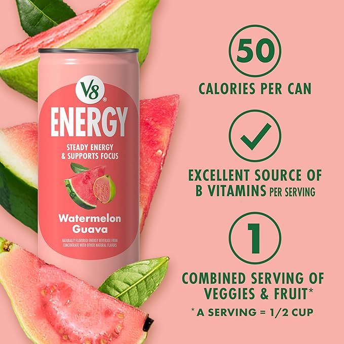 V8 Energy Watermelon Guava Energy Drink, 8 fl oz Can (12 Pack)