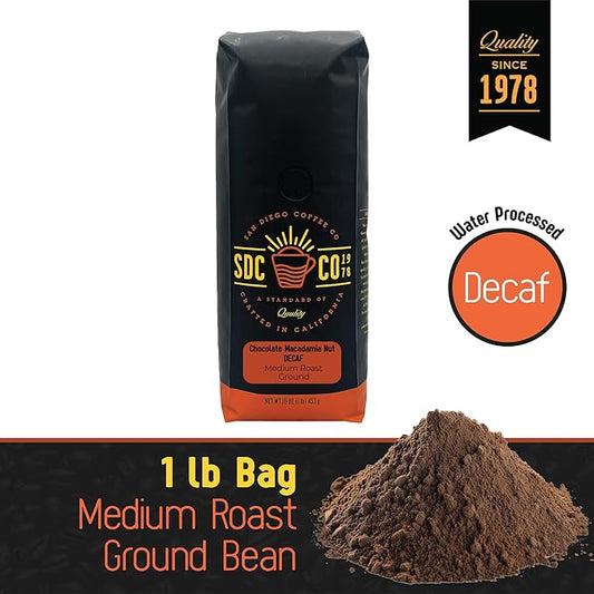 San Diego Coffee Chocolate Macadamia Nut DECAF, Medium Roast, Ground Coffee, 16-Ounce Bag Café descafeinado molido tostado
