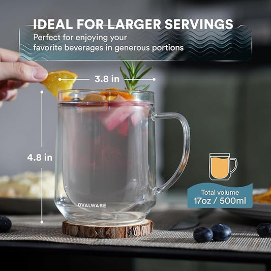 ovalware 500ml Double Wall Glass Coffee Mugs, Single Lip Mugs Made of Durable Borosilicate Glass, Insulated Coffee Mug with Handle for Hot and Cold Drinks - Frost White