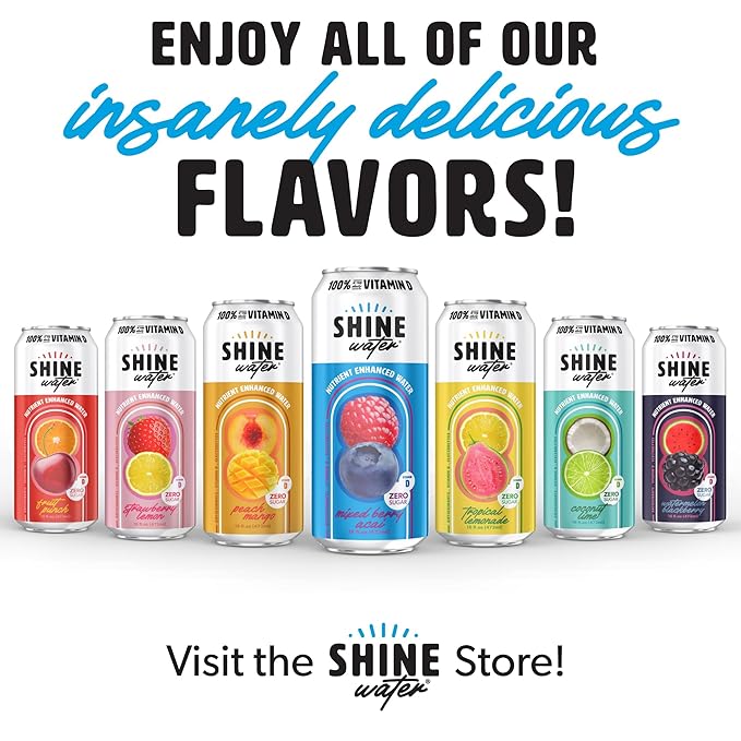 Shine Water Variety Pack Vitamin D Electrolyte Drinks, Sugar Free Flavored Water 6-Pack with Magnesium, Zinc & Antioxidants, Low Calorie Hydration Beverage, Plant-Based Vitamin Water Zero Sugar