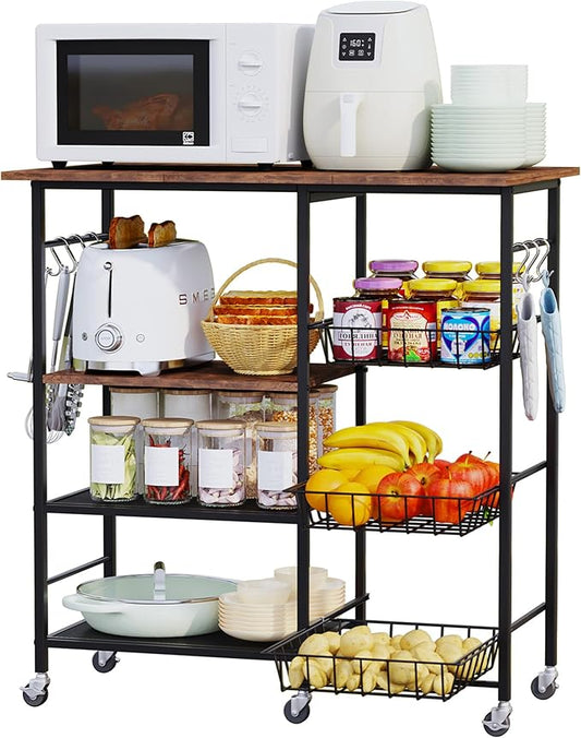 HapiRm Rolling Kitchen Microwave Cart - 4 Tier Microwave Table Stand with Pull-Out Baskets, Coffee Bar Baker's Rack with Wheels Rolling Storage Cart Organizer Shelf for Living Room Office, Balcony