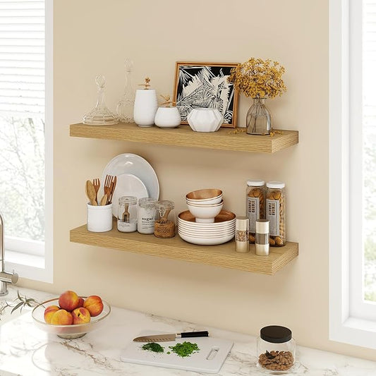 30 Inch Floating Shelves, 9.3" Deep Floating Shelf Wall Mounted, 30" Wall Shelves, Rustic Deep Bookshelf, Large Display Shelves & Storage Shelves for Bedroom, Living Room, Oak, Set of 2