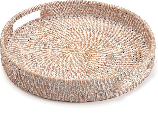 Round Rattan Serving Tray Decorative Woven Ottoman Trays with Handles for Coffee Table White (Small 11.8 inch x 2 inch)