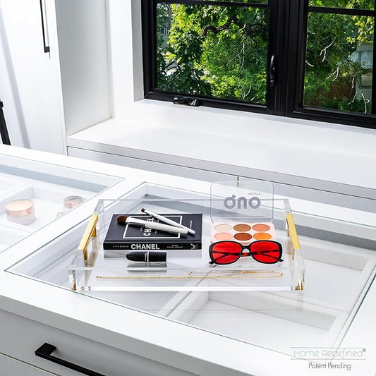 Modern 16"x12" Rectangle Acrylic Lucite Plastic Decorative Serving Tray with Gold Polished Stainless Steel Metal Handles Home Decor Ottoman Coffee Table Makeup Perfume Display Vanity By Home Redefined