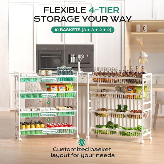 Cinati 4-Tier Snack Cart with Wheels, 29''W Toy Storage Organizer, Rolling Pantry Storage Cart with 10 Wire Baskets & Handle,Adjustable Metal Snack Rack, Kitchen Organizer for Fruit, Vegetables(White)