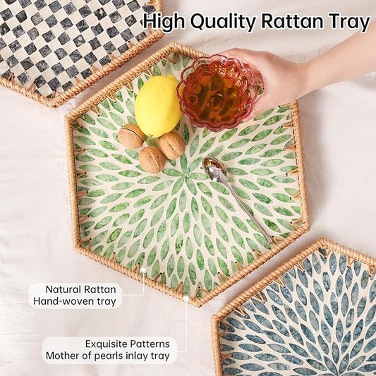 Hexagon Rattan Tray with Mother of Pearl Inlay, Rattan Serving Tray for Coffee, Bread, Fruits, Snacks, Decorative Wicker Tray for Table Decor, Home Decor (Green Leaves, 14.5"×12.8")
