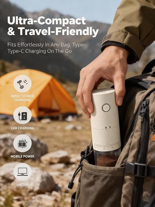 LAMIDO Portable Electric Burr Coffee Grinder - Grind While Charging - 38 External Adjustable Grind Settings - 1.8X Faster Grinding - 2000 mAh Rechargeable Battery for Travel, Camping - Light Beige