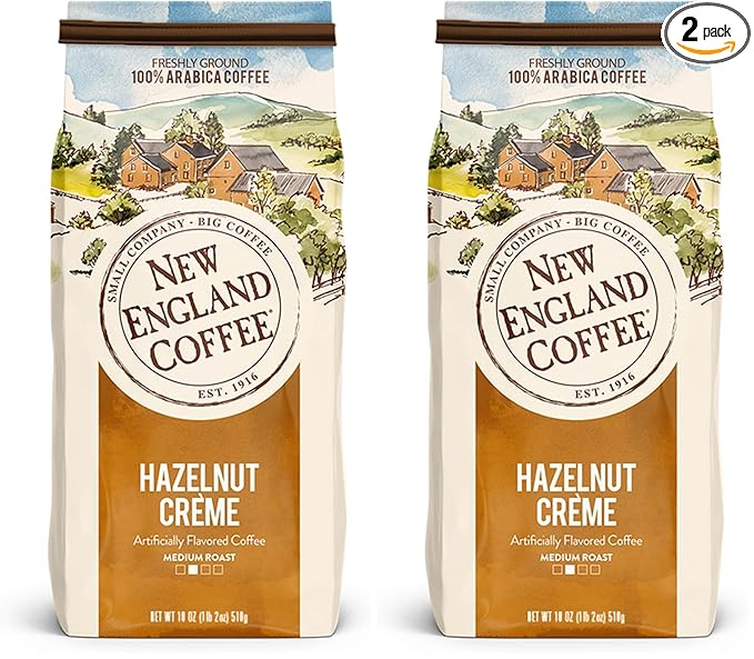 New England Coffee Hazelnut Crème Medium Roast Ground Coffee, 18oz Bag (Pack of 2)