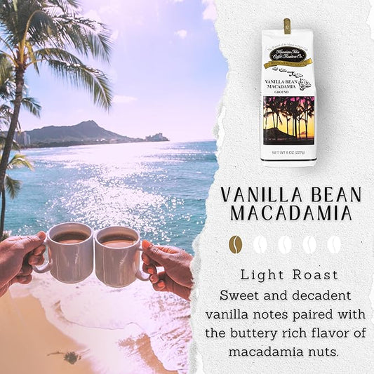 Hawaiian Isles Coffee Vanilla Bean Macadamia Flavored, Light Roast Ground Coffee, Roasted with Aloha - 8 Ounce Bag