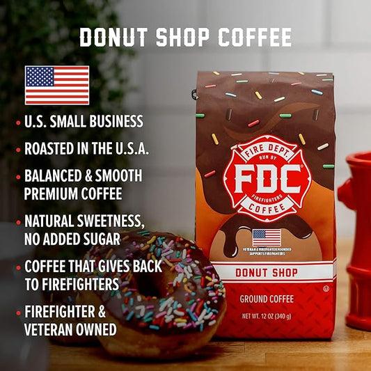 Fire Department Coffee - Gives Back to Firefighters - Donut Shop Ground Coffee - Sweet & Smooth - Medium Roast - Roasted in the USA - Veteran Owned (12 oz, Pack of 2)