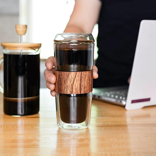All Glass Double Wall 14 oz Coffee Cups, Set of 2, Pure Glass Lid, Silicone Grip