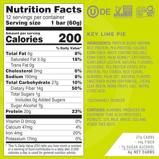 No Cow Vegan Protein Bars, Upgraded Key Lime Pie | 20g Plant Based Protein, Gluten Free, Dairy Free, Soy Free, Keto Friendly, Low Sugar, High Fiber Snack Bars | Pack of 12