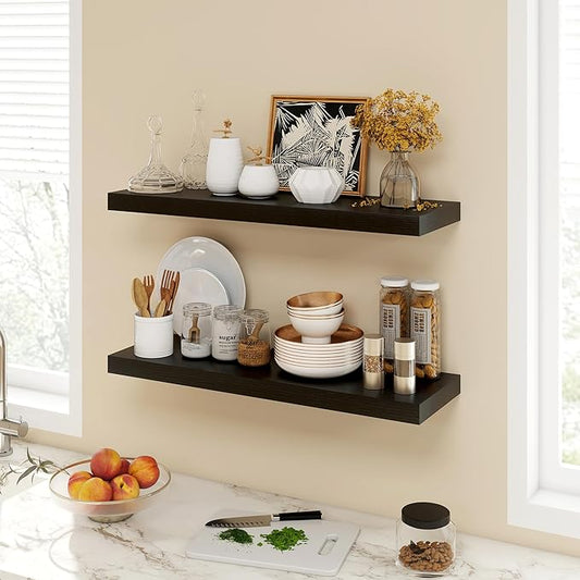 30 Inch Floating Shelves, 9.3" Deep Floating Shelf Wall Mounted, 30" Wall Shelves, Rustic Deep Bookshelf, Large Display Shelves & Storage Shelves for Bedroom, Living Room, Black, Set of 2