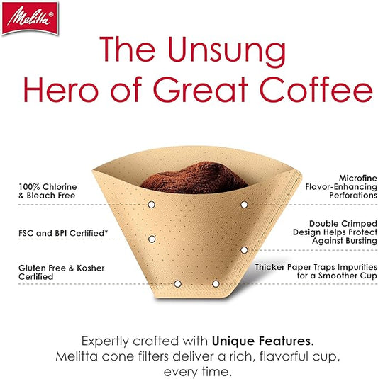 Melitta #2 Cone Coffee Filters, Natural Brown, 100 Count (Pack Of 6), 600 Total Filters - Fits all 2-6 Cup Cone Coffee Makers and 1-cup Pour-Over Brewers, Compostable, Tear-Resistant, Made in USA