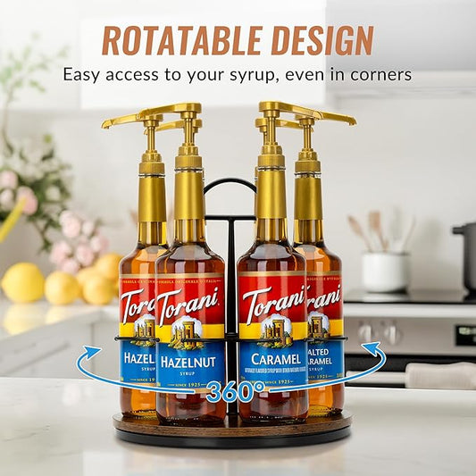 SUNNEKO Rotating Coffee Syrup Organizer Hold 6 Bottles, Wood Coffee Syrup Rack for Countertop, Large Bottle Holder Stand for Bar Station, Turntable Wine Display Tray (Black - 6 Bottles)