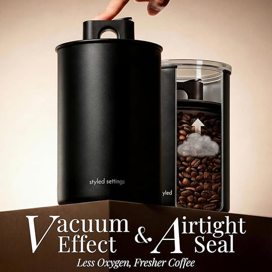 STYLED SETTINGS Vacuum Seal Coffee Bean Container Set – 2-Piece Stainless Steel Coffee Canisters with Scoop and Labels, Matte Black Dual-Lid Airtight Design, 1.5 lb Capacity Each - Coffee Gift Ideas